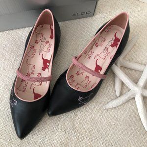Aldo Pointed-Toe Mary Janes w/Pink Cat Print, sz 7